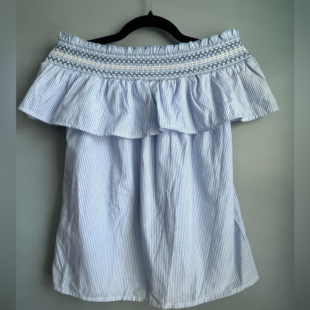 Off the shoulder ruffle, blue stripe top